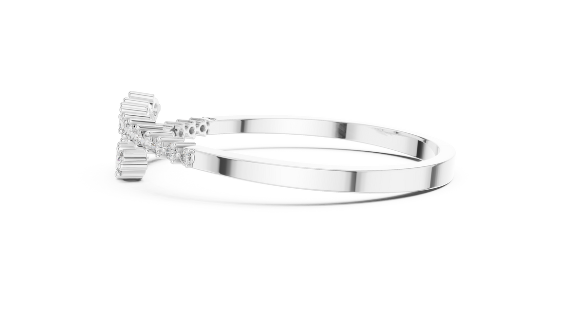 Graduated round lab grown diamond open cuff bracelet with flowing diamond design in yellow white and rose gold