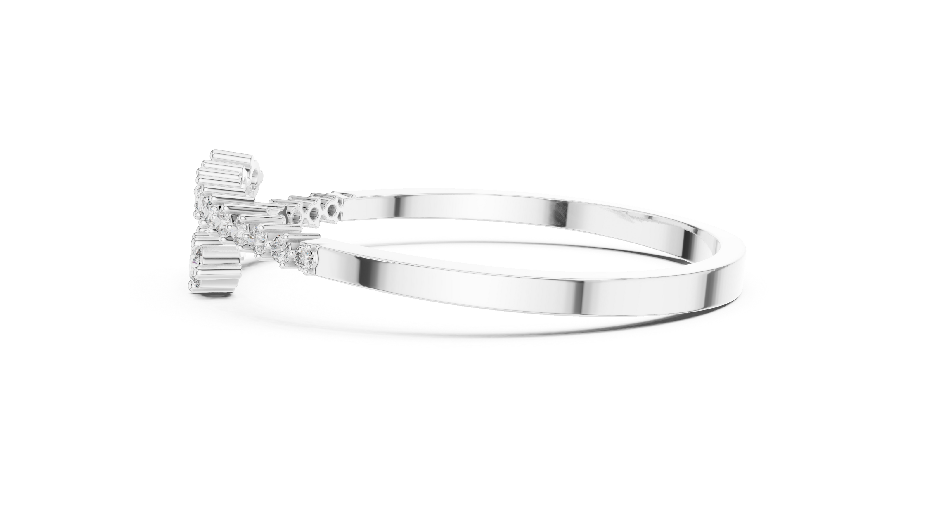 Graduated round lab grown diamond open cuff bracelet with flowing diamond design in yellow white and rose gold