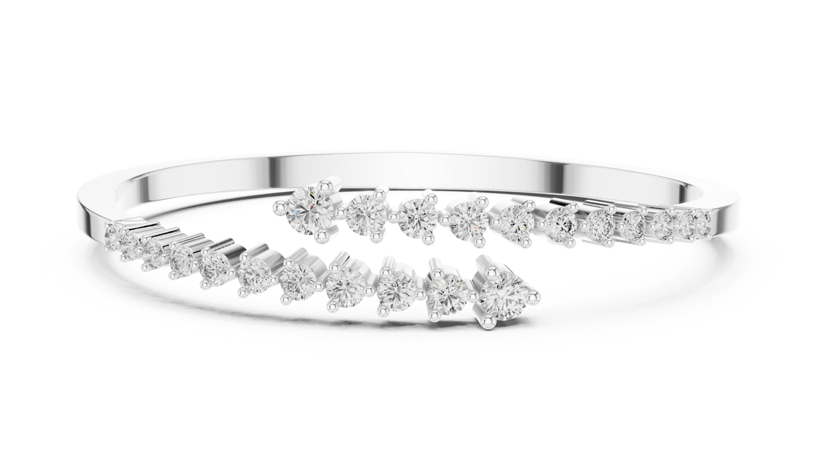Graduated round lab grown diamond open cuff bracelet with flowing diamond design in yellow white and rose gold