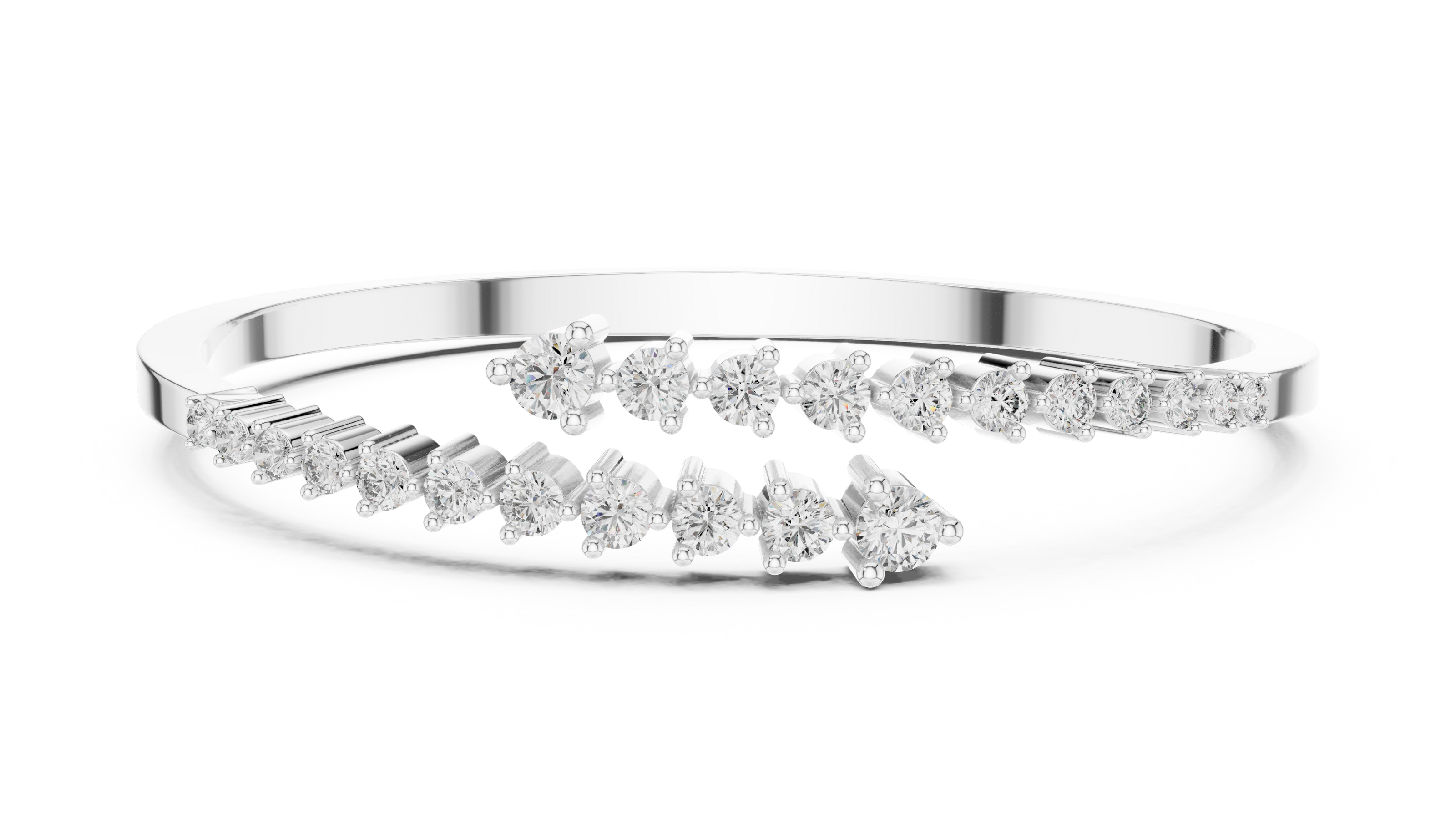 Graduated round lab grown diamond open cuff bracelet with flowing diamond design in yellow white and rose gold