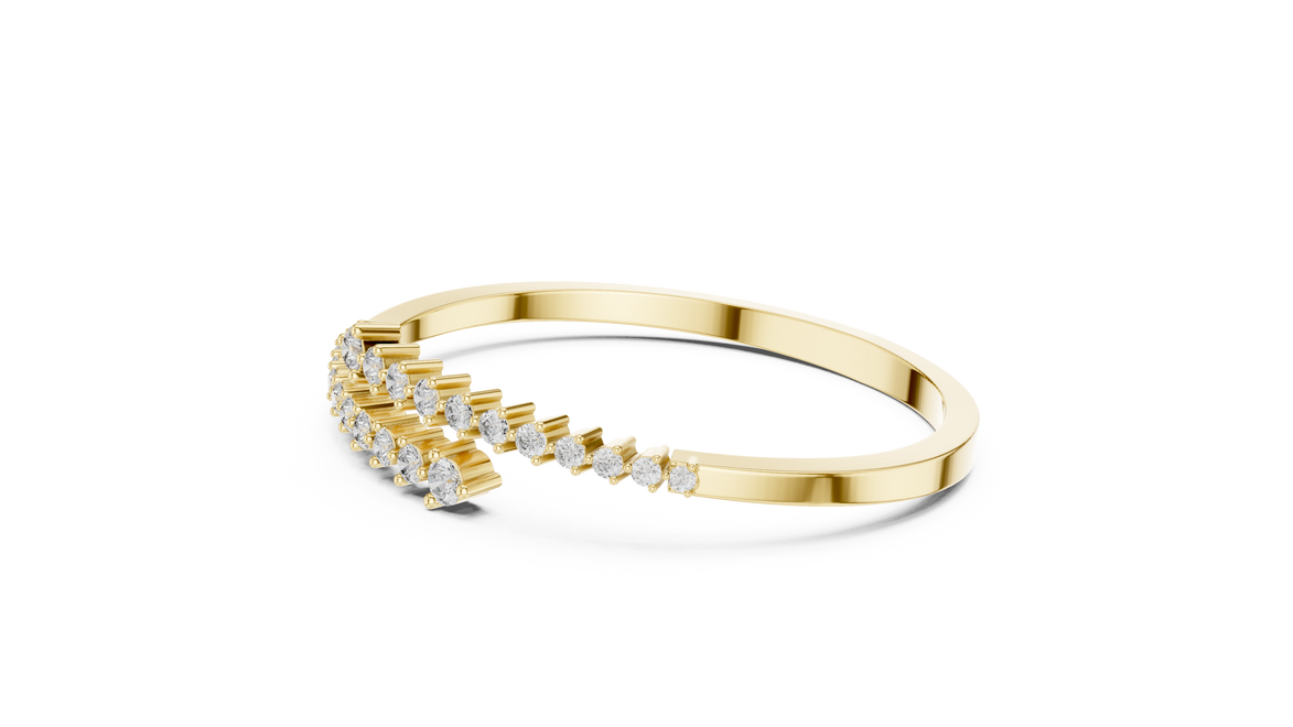 Graduated round lab grown diamond open cuff bracelet with flowing diamond design in yellow white and rose gold