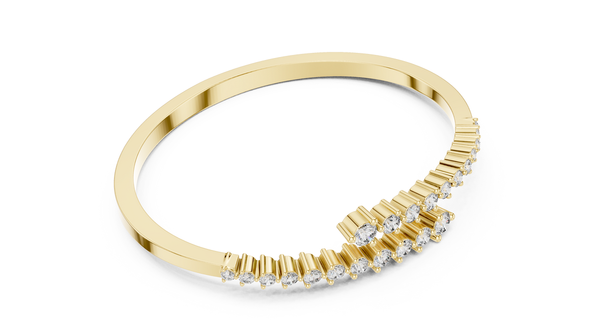 Graduated round lab grown diamond open cuff bracelet with flowing diamond design in yellow white and rose gold