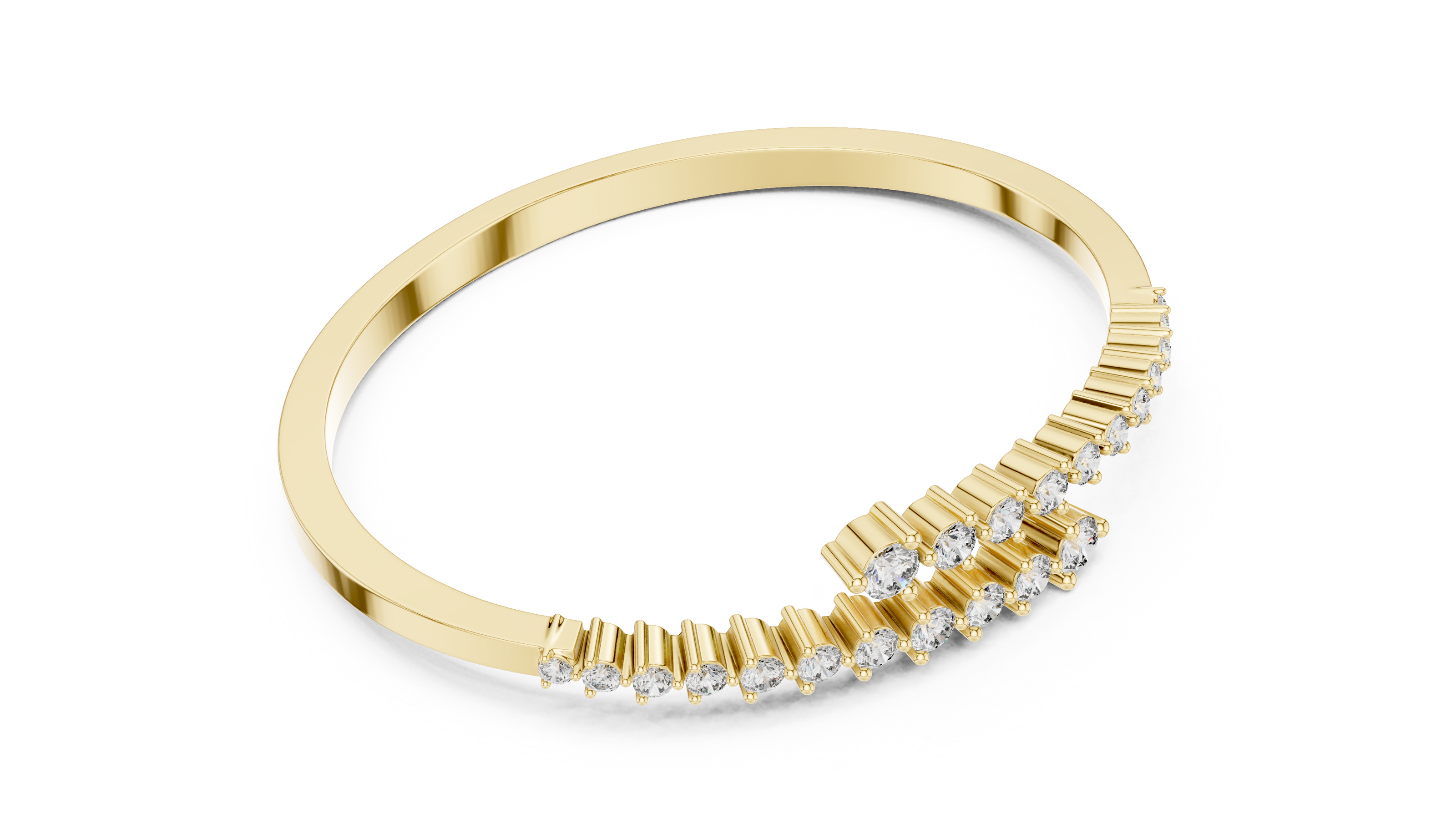 Graduated round lab grown diamond open cuff bracelet with flowing diamond design in yellow white and rose gold