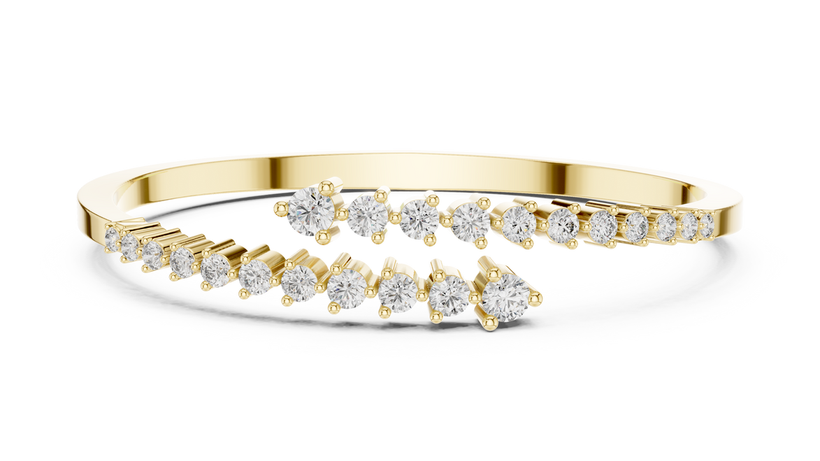 Graduated round lab grown diamond open cuff bracelet with flowing diamond design in yellow white and rose gold
