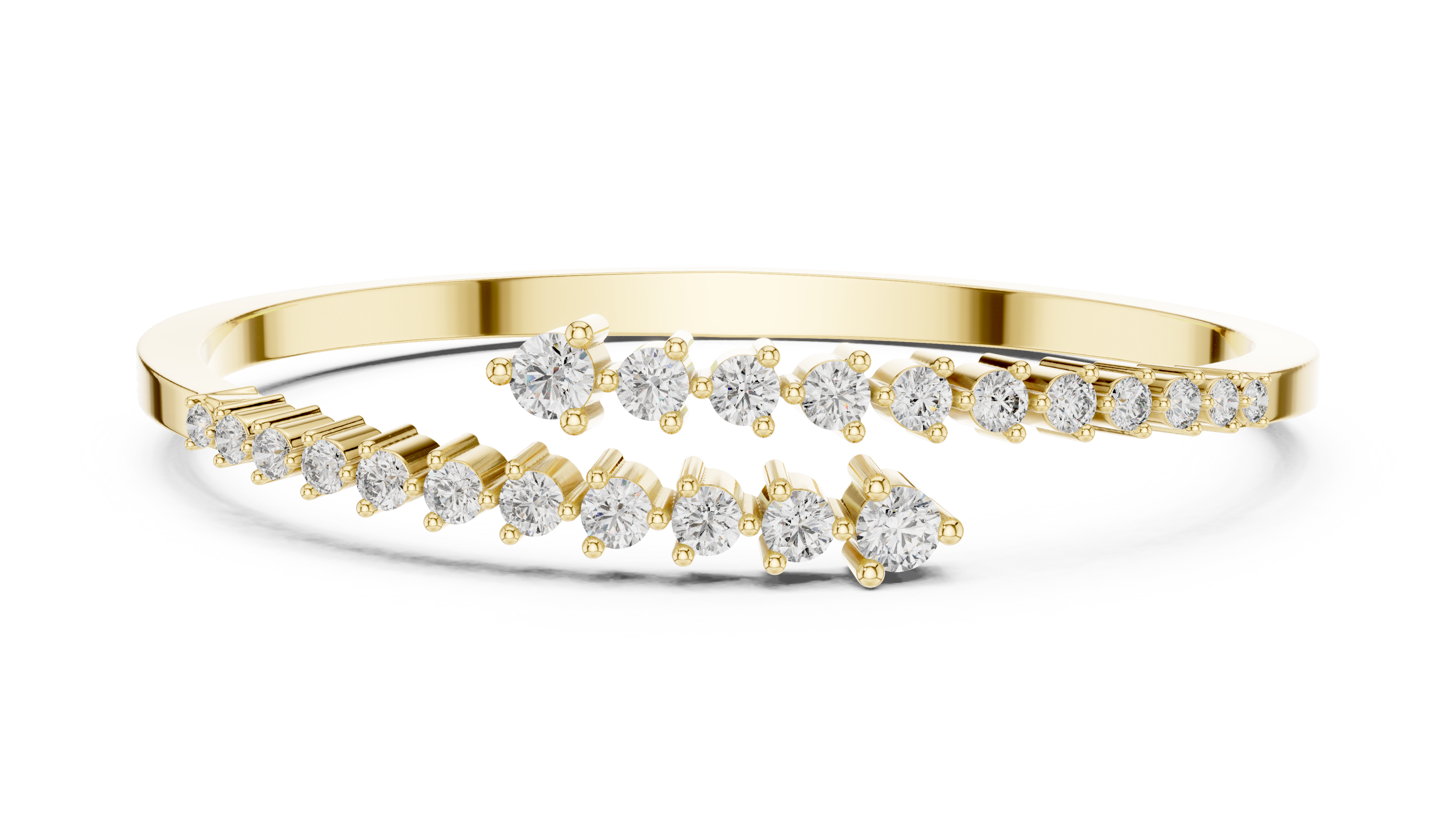Graduated round lab grown diamond open cuff bracelet with flowing diamond design in yellow white and rose gold