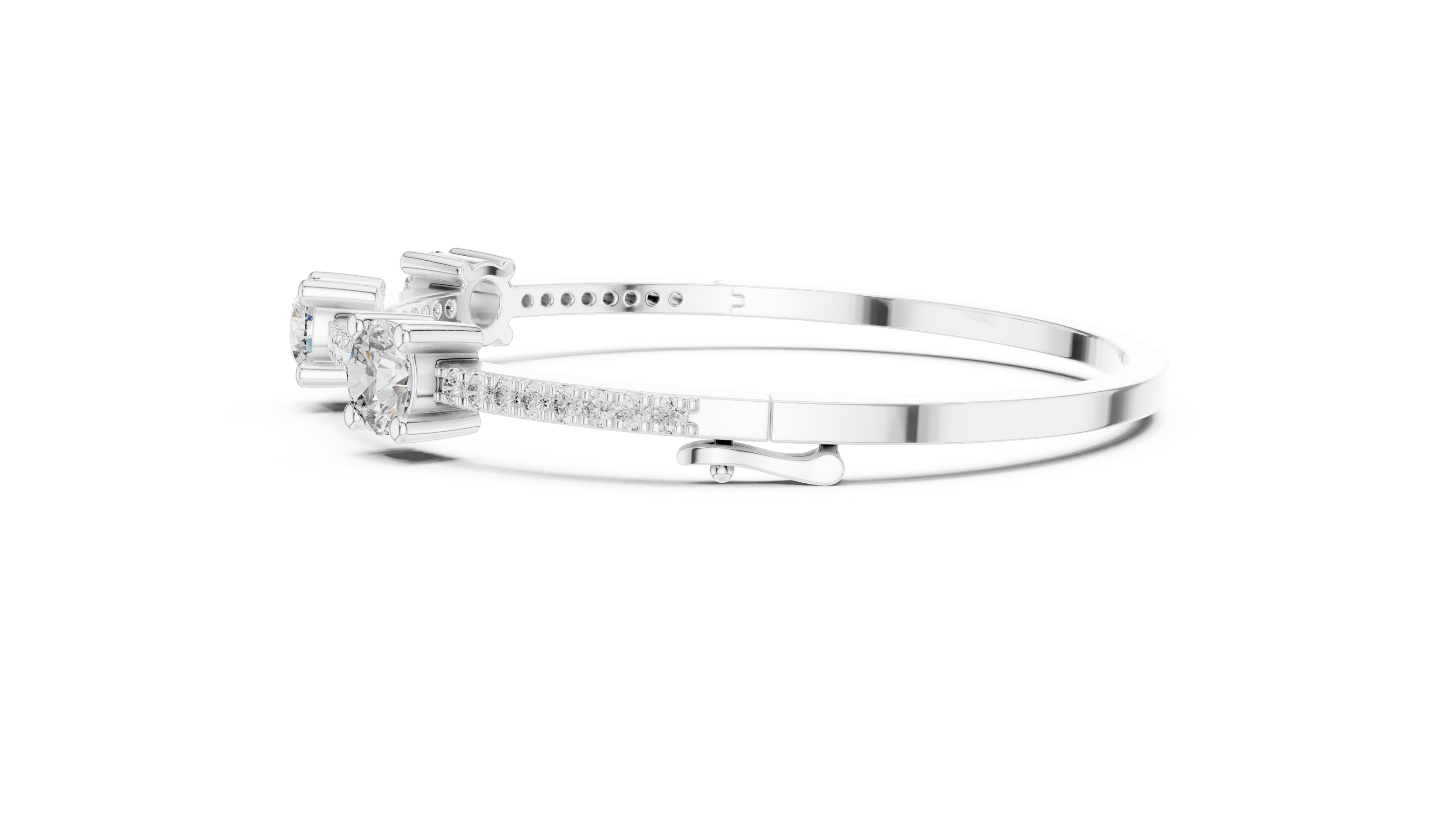 Elegant three stone round diamond bangle bracelet in gold with pavé accent diamonds by Signora Jewels