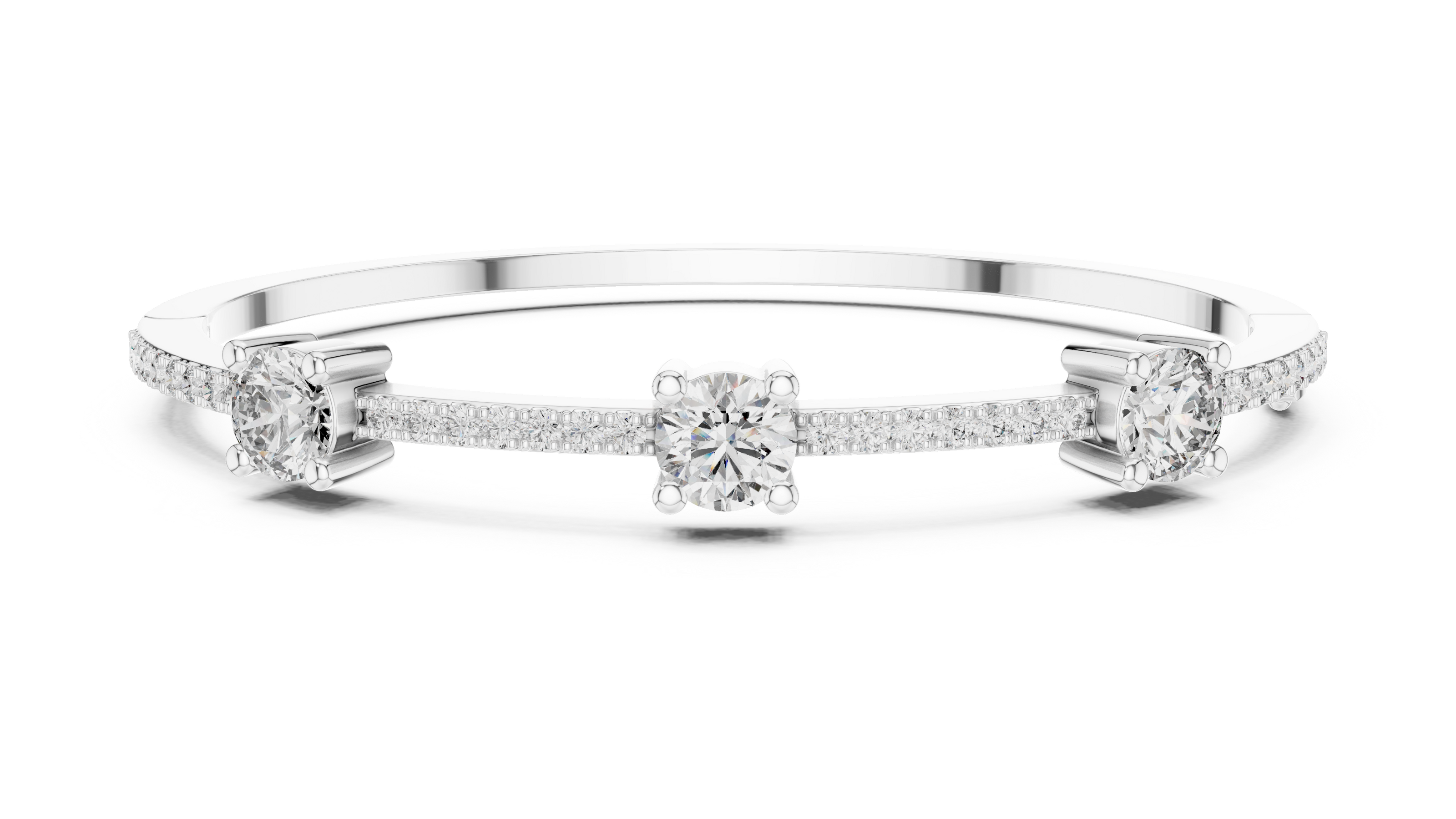 Elegant three stone round diamond bangle bracelet in gold with pavé accent diamonds by Signora Jewels