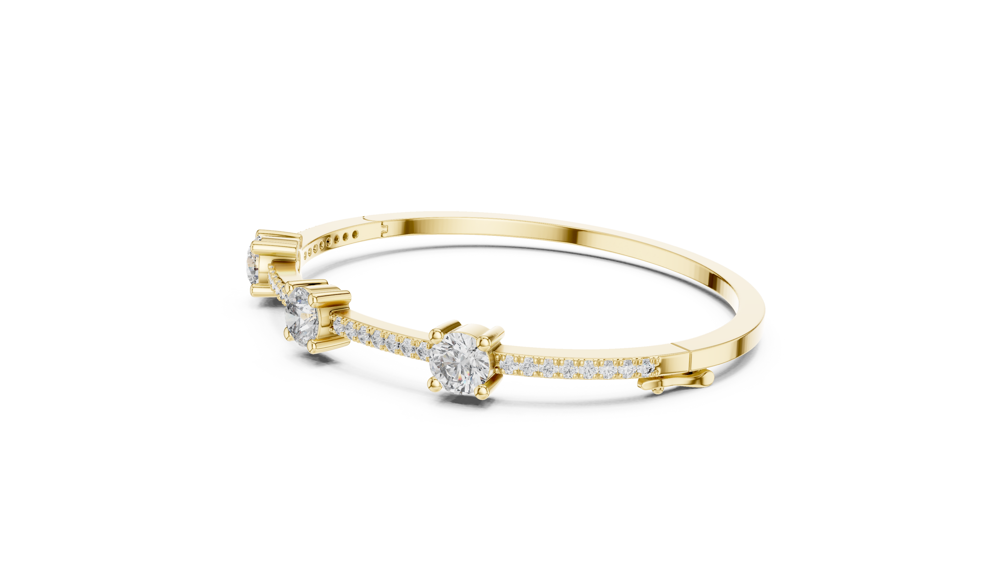 Elegant three stone round diamond bangle bracelet in gold with pavé accent diamonds by Signora Jewels