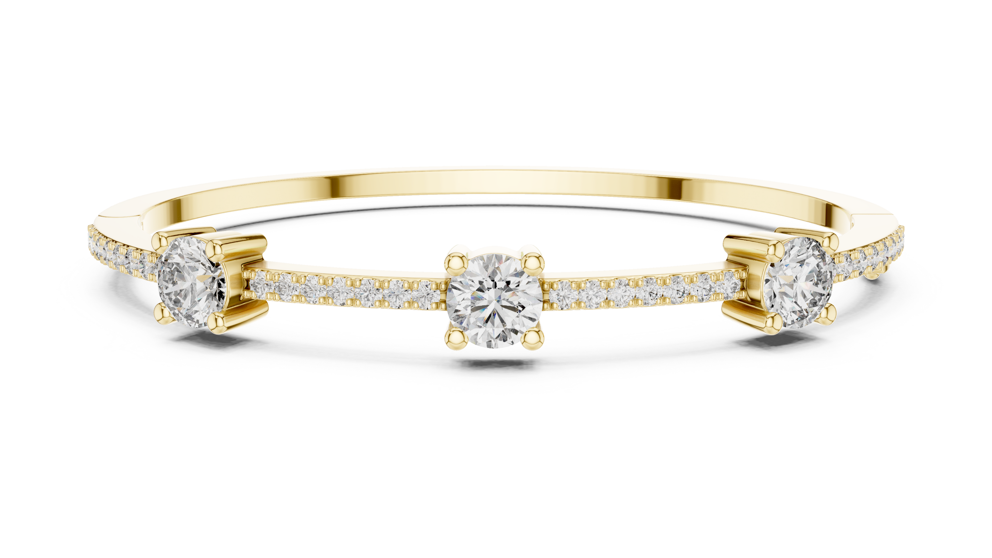 Elegant three stone round diamond bangle bracelet in gold with pavé accent diamonds by Signora Jewels