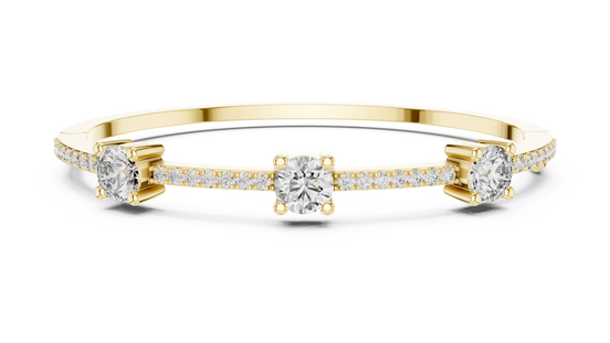 Three Stone Diamond Open Cuff Bangle in Yellow Gold