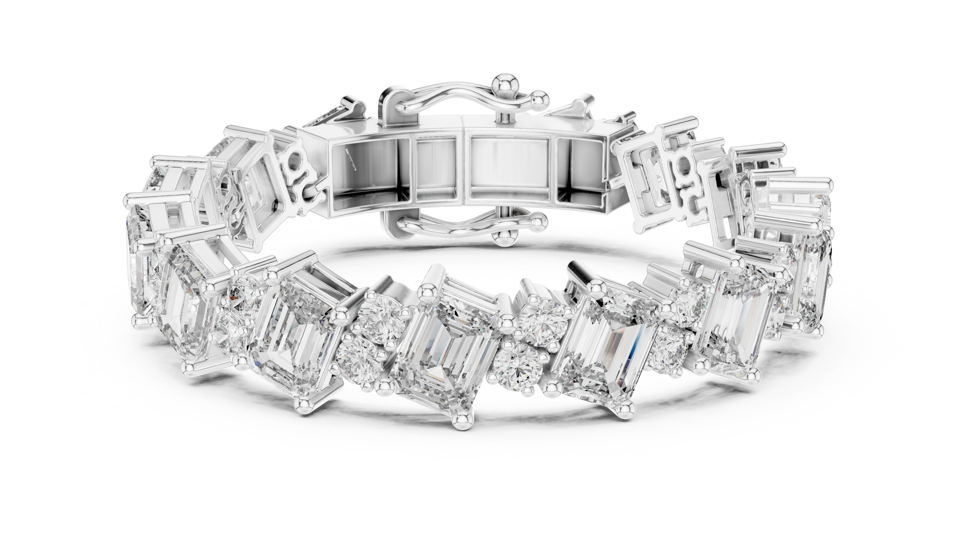 Luxury emerald cut diamond tennis bracelet in gold with round accent diamonds by Signora Jewels