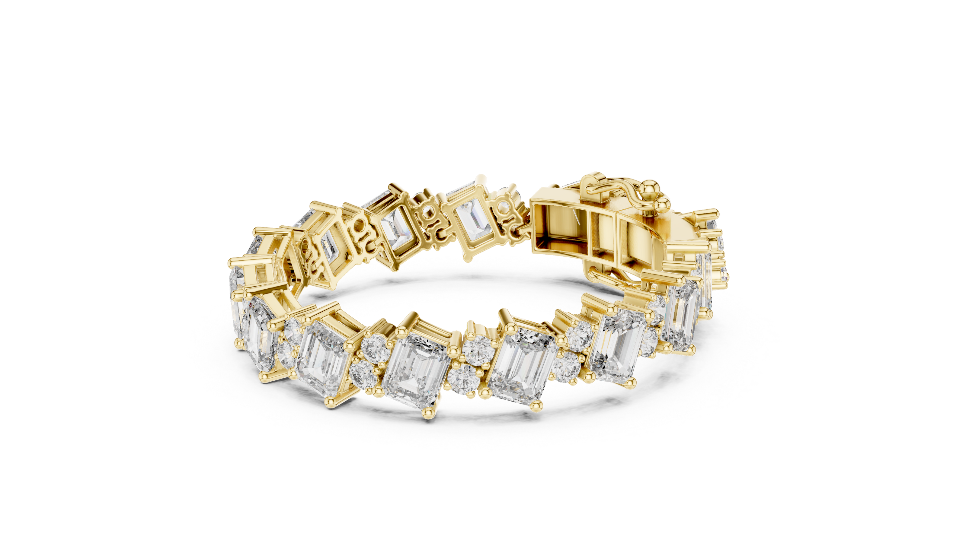 Luxury emerald cut diamond tennis bracelet in gold with round accent diamonds by Signora Jewels