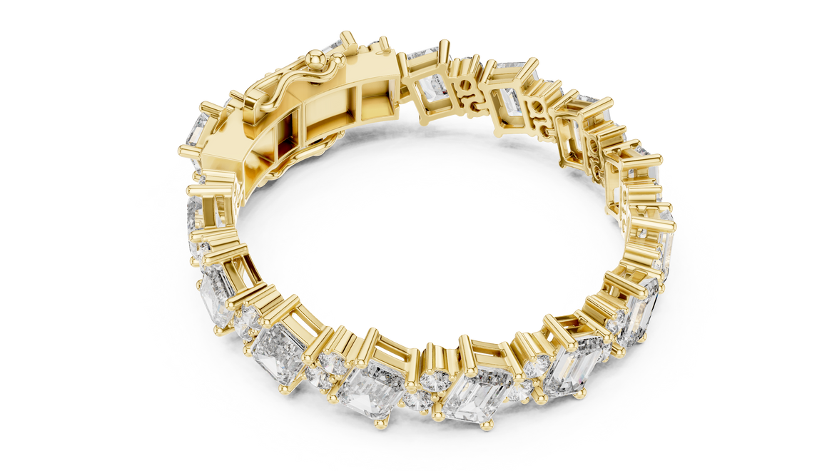 Luxury emerald cut diamond tennis bracelet in gold with round accent diamonds by Signora Jewels