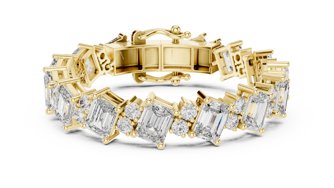 Luxury emerald cut diamond tennis bracelet in gold with round accent diamonds by Signora Jewels