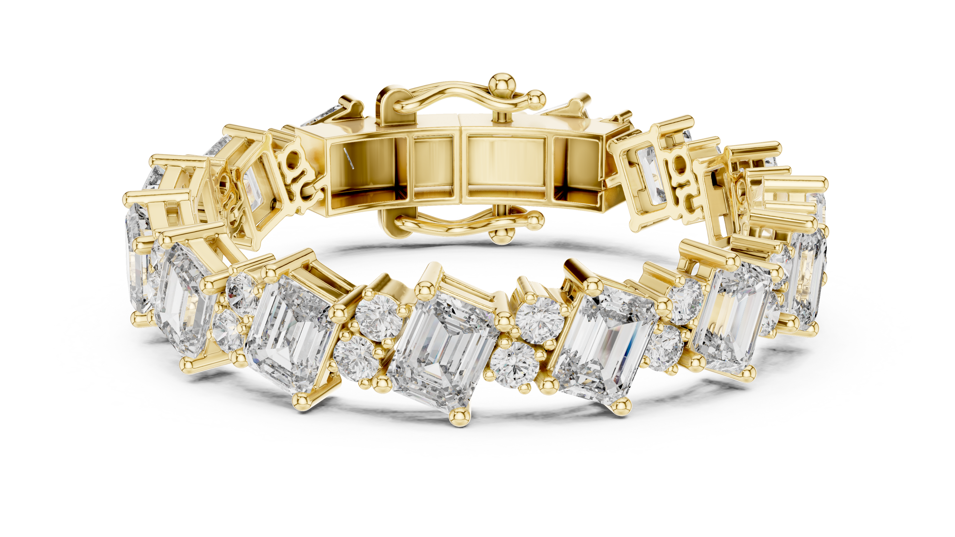 Luxury emerald cut diamond tennis bracelet in gold with round accent diamonds by Signora Jewels