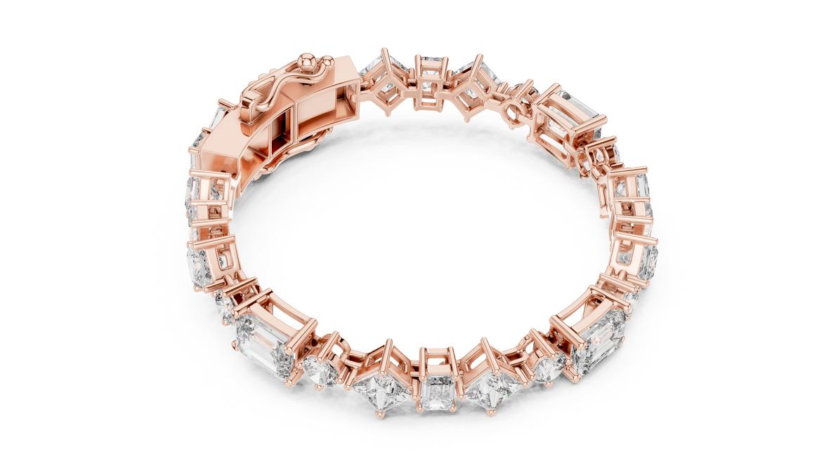 Luxury mixed shape diamond tennis bracelet in gold with emerald, princess, and round lab grown diamonds by Signora Jewels