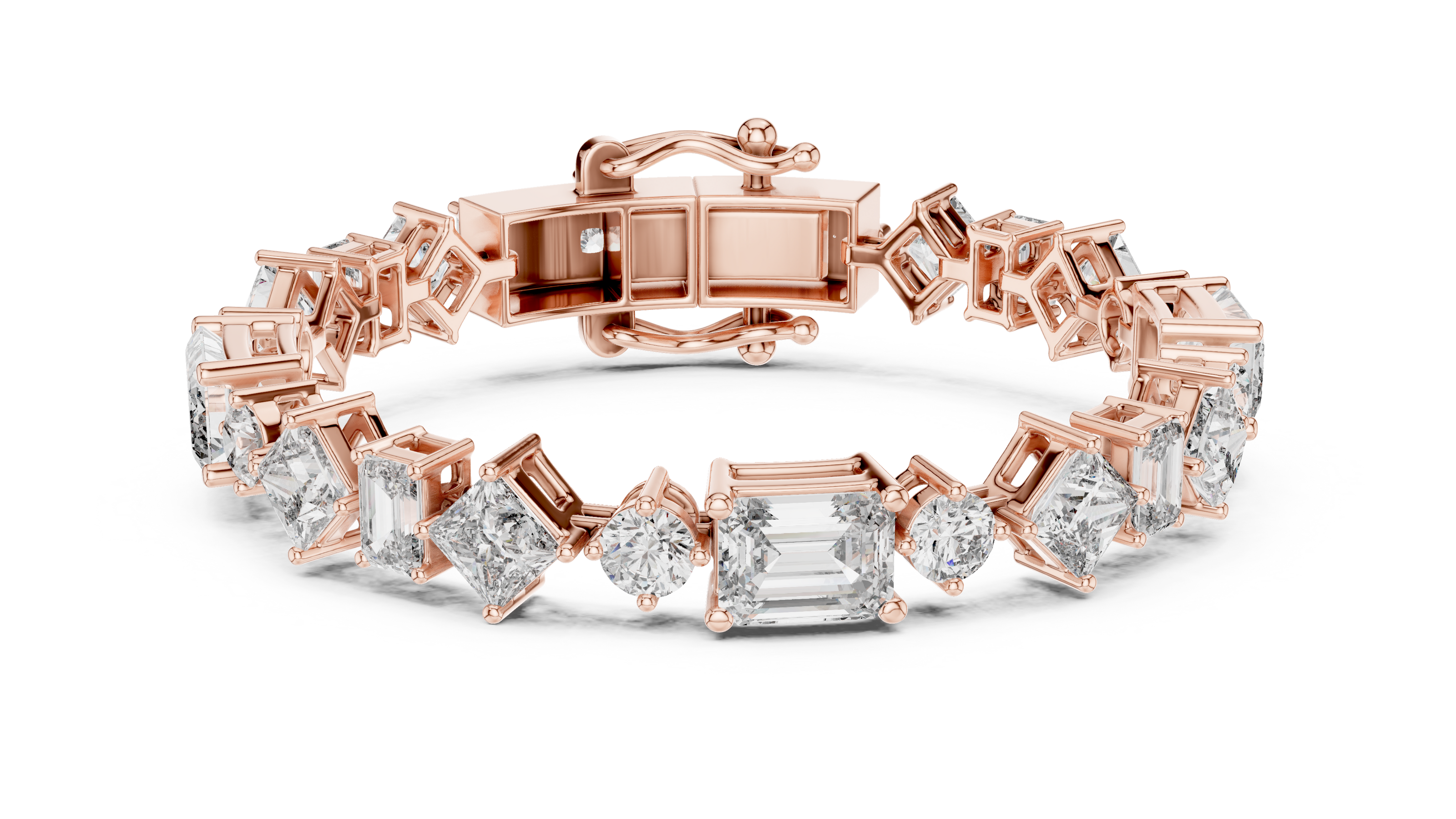 Luxury mixed shape diamond tennis bracelet in gold with emerald, princess, and round lab grown diamonds by Signora Jewels