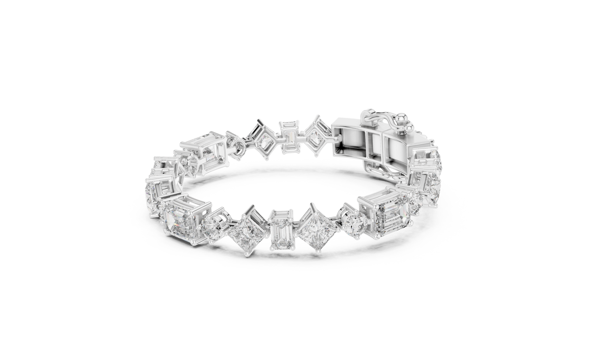 Luxury mixed shape diamond tennis bracelet in gold with emerald, princess, and round lab grown diamonds by Signora Jewels