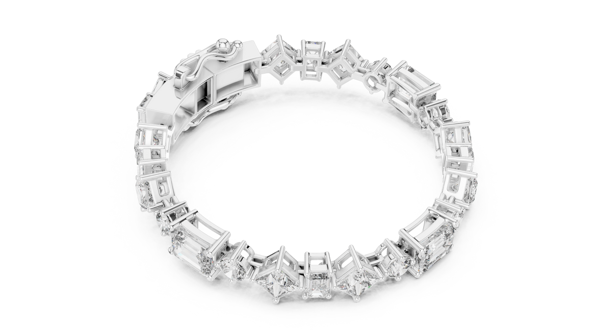 Luxury mixed shape diamond tennis bracelet in gold with emerald, princess, and round lab grown diamonds by Signora Jewels