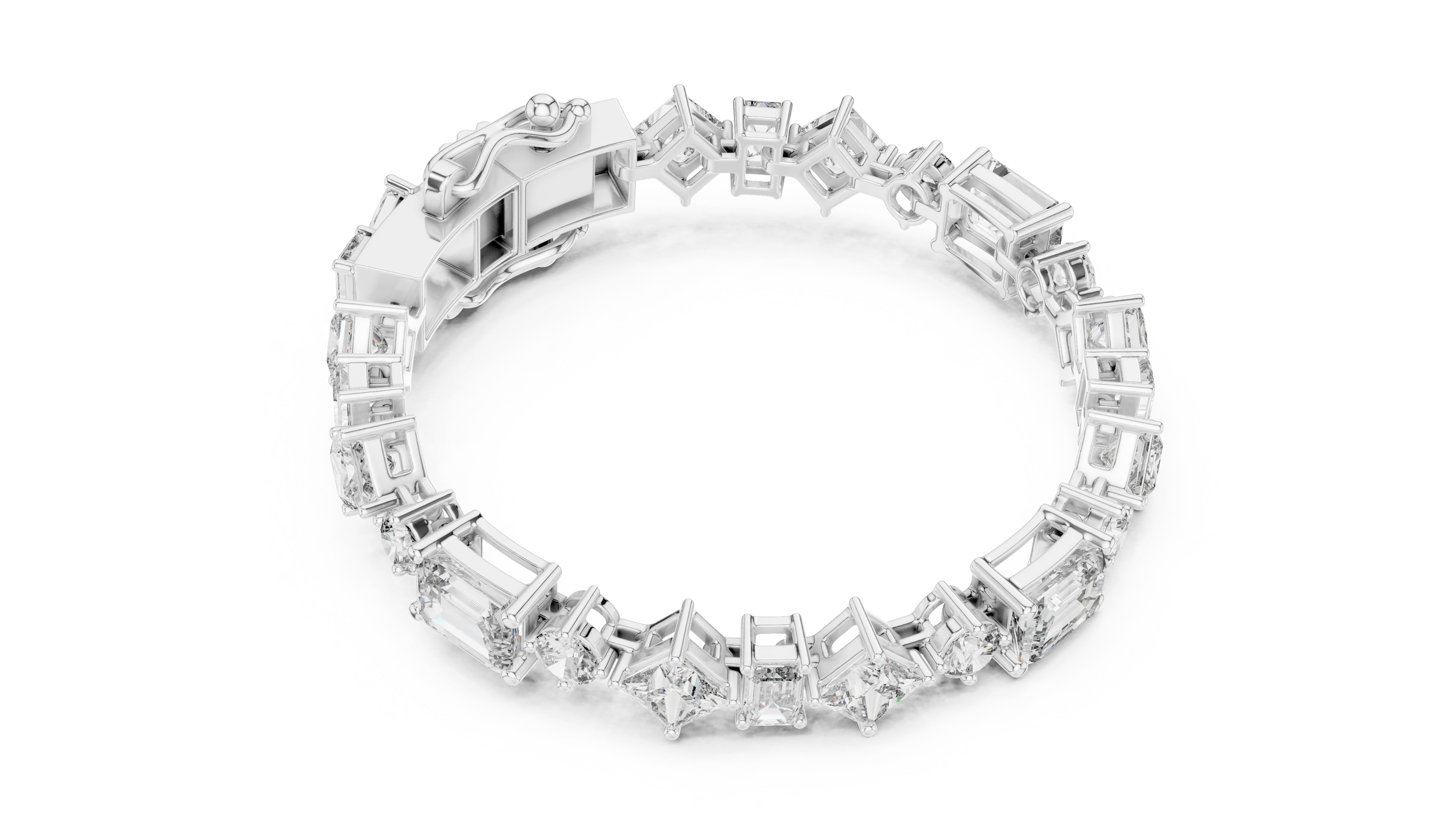 Luxury mixed shape diamond tennis bracelet in gold with emerald, princess, and round lab grown diamonds by Signora Jewels
