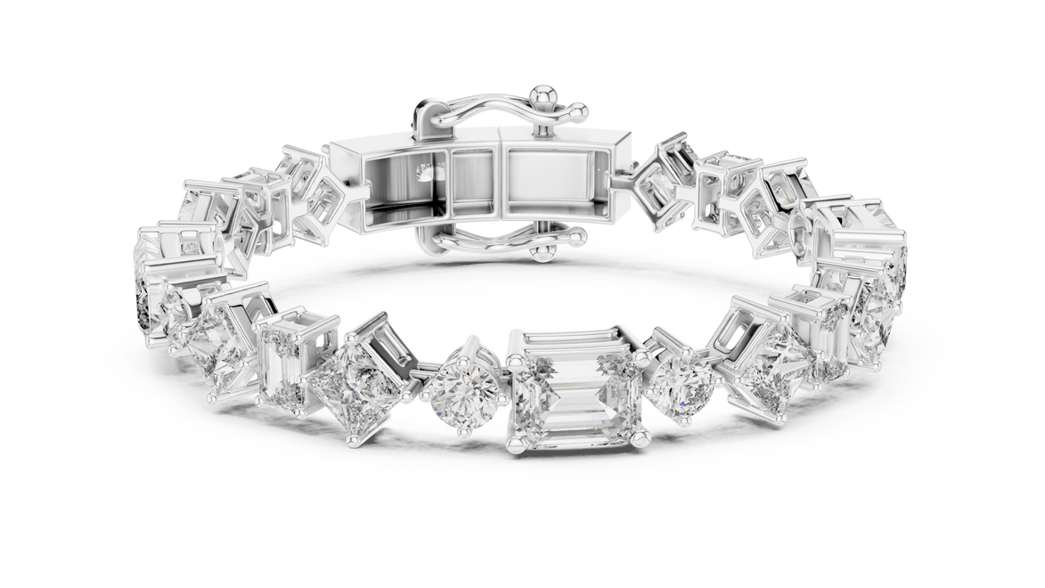 Luxury mixed shape diamond tennis bracelet in gold with emerald, princess, and round lab grown diamonds by Signora Jewels