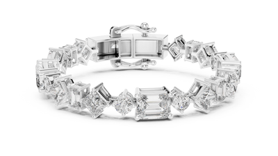 Luxury mixed shape diamond tennis bracelet in gold with emerald, princess, and round lab grown diamonds by Signora Jewels