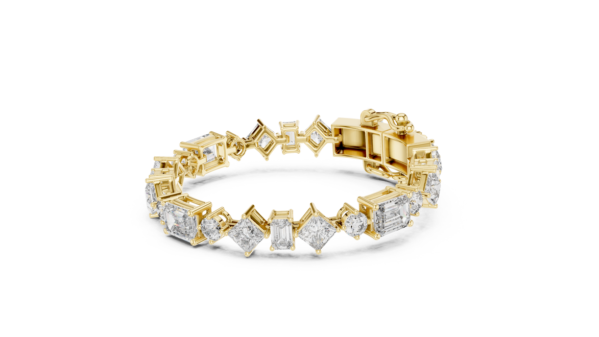 Luxury mixed shape diamond tennis bracelet in gold with emerald, princess, and round lab grown diamonds by Signora Jewels