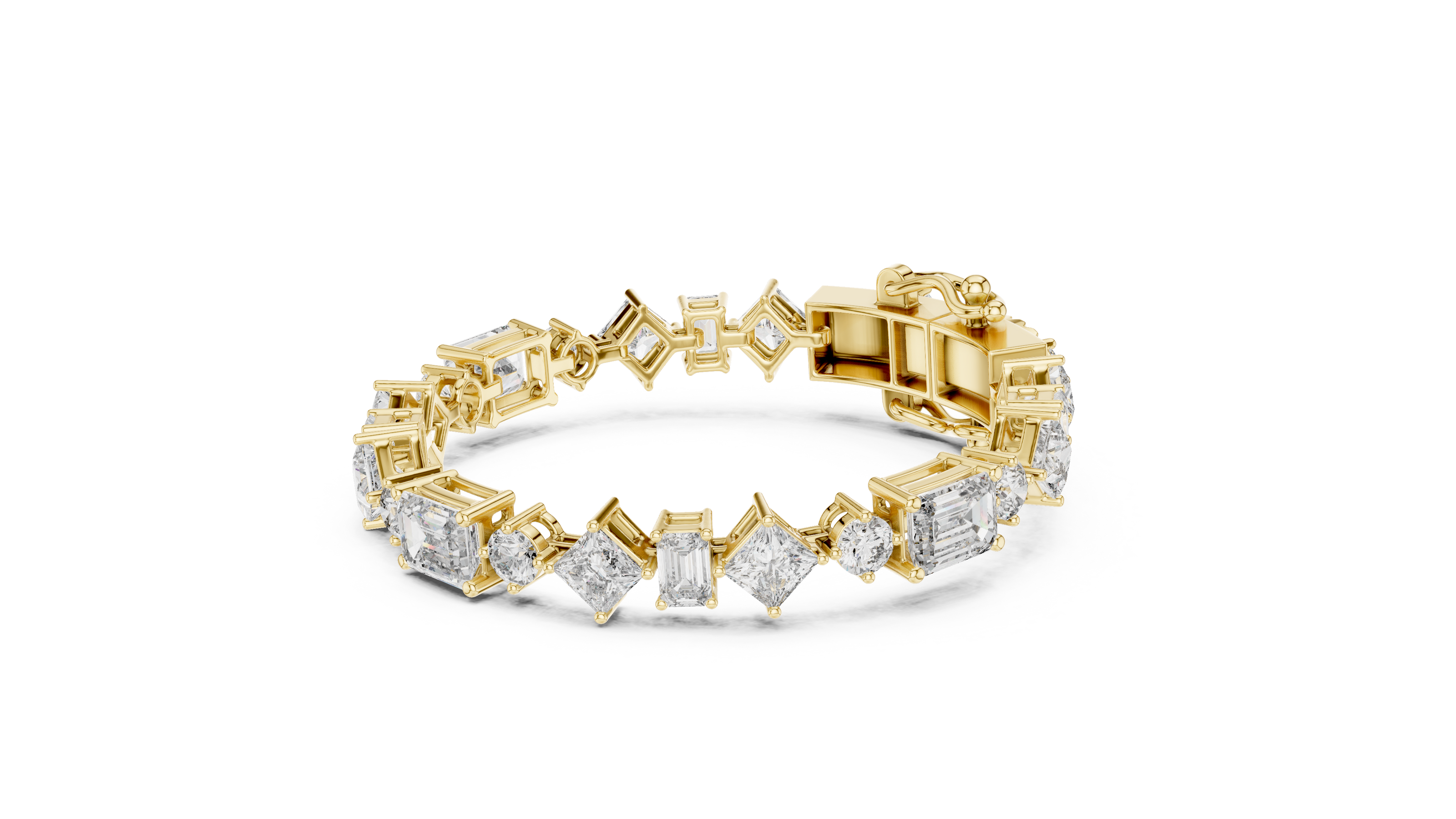 Luxury mixed shape diamond tennis bracelet in gold with emerald, princess, and round lab grown diamonds by Signora Jewels