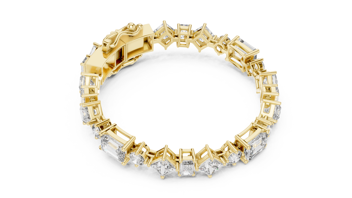 Luxury mixed shape diamond tennis bracelet in gold with emerald, princess, and round lab grown diamonds by Signora Jewels