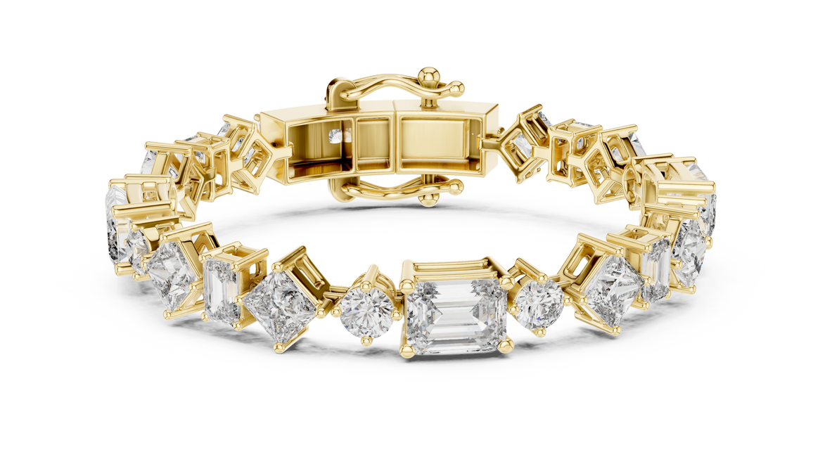 Luxury mixed shape diamond tennis bracelet in gold with emerald, princess, and round lab grown diamonds by Signora Jewels