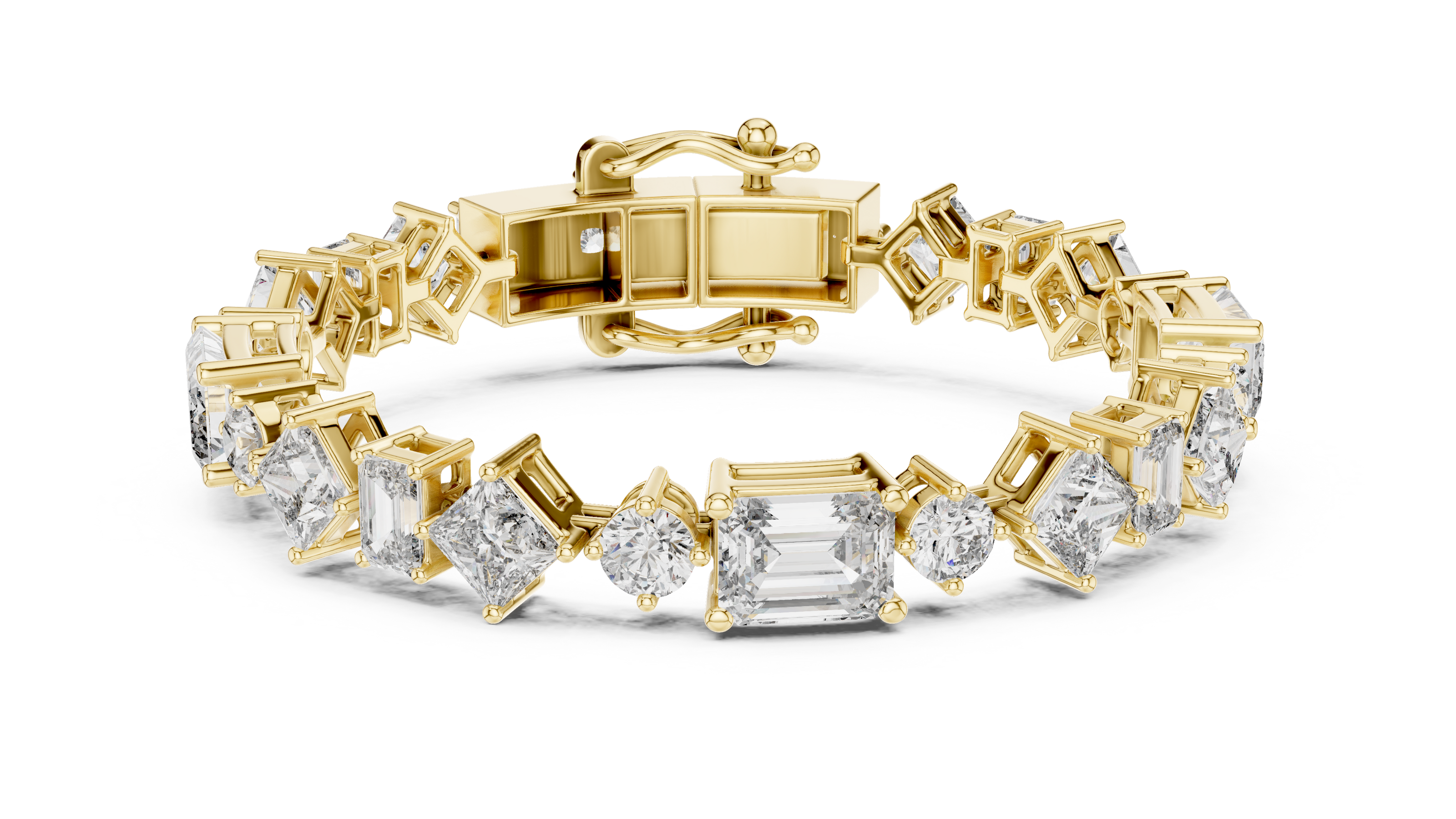 Luxury mixed shape diamond tennis bracelet in gold with emerald, princess, and round lab grown diamonds by Signora Jewels