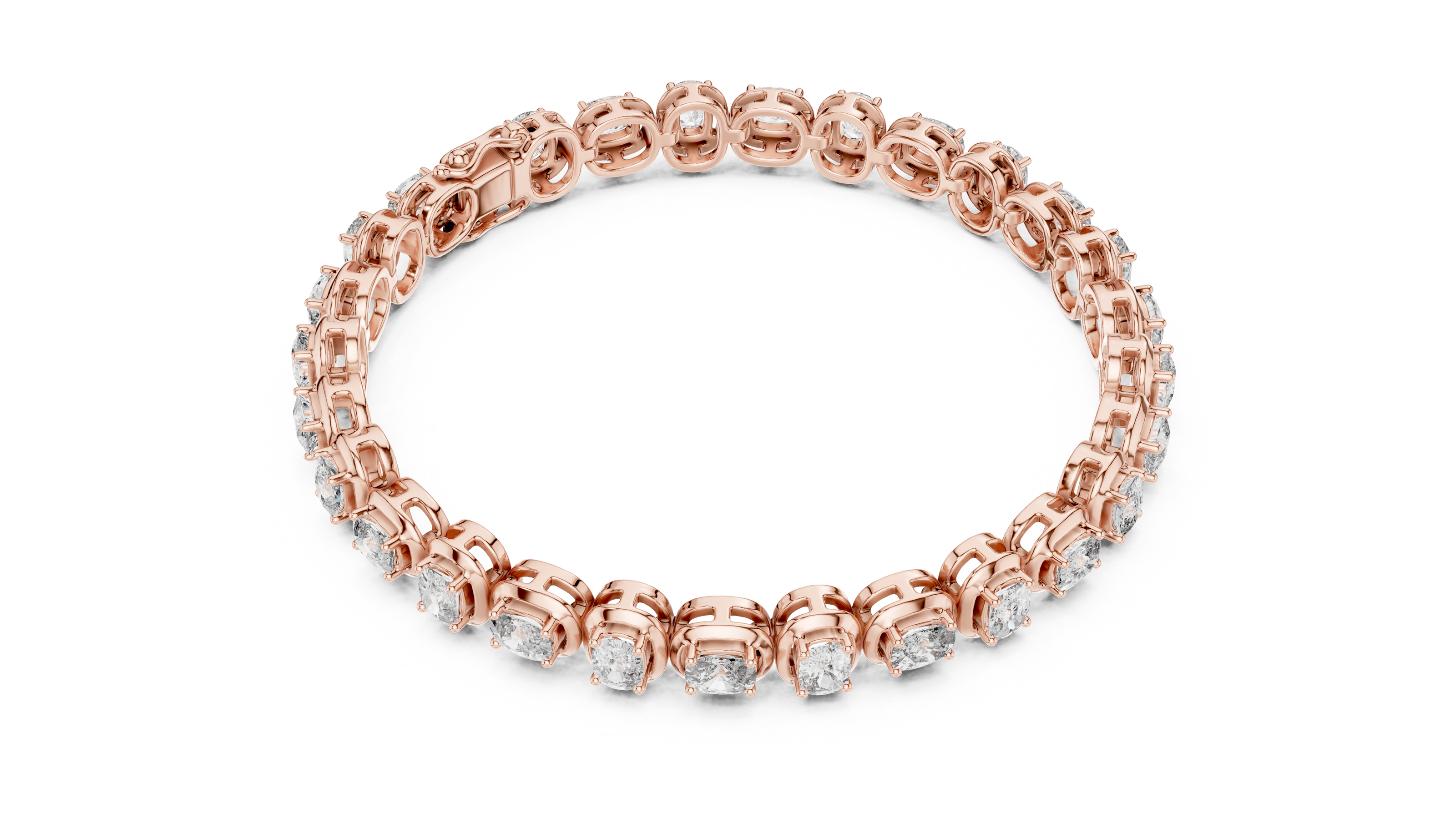 Rose gold bracelet with diamonds on a white background