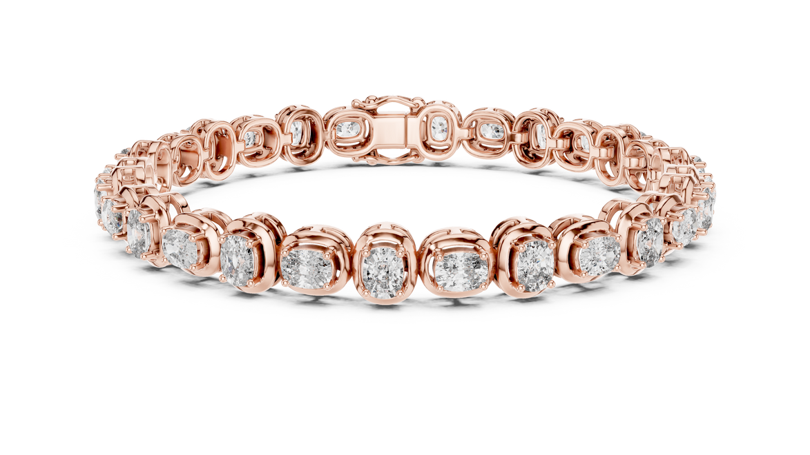 Rose gold bracelet with diamond accents on a white background