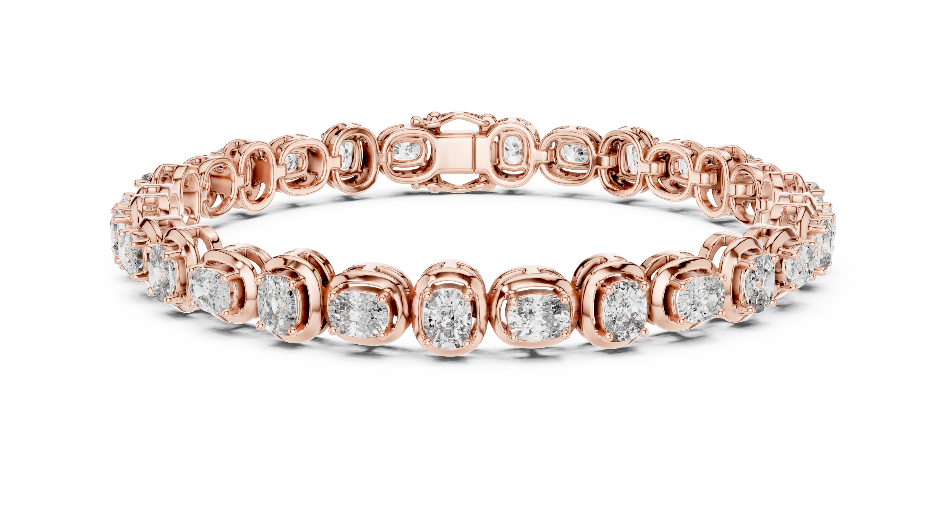 Rose gold bracelet with diamond accents on a white background