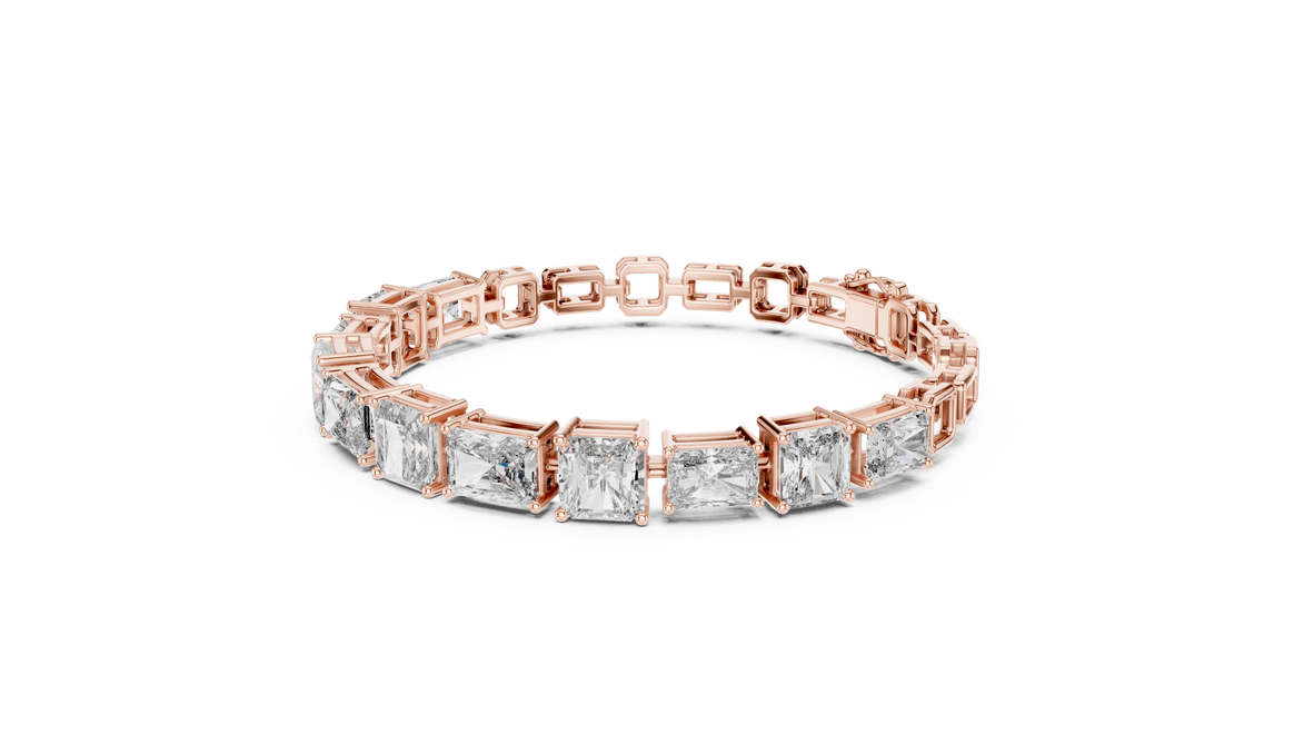 Rose gold bracelet with square-cut diamonds on a white background