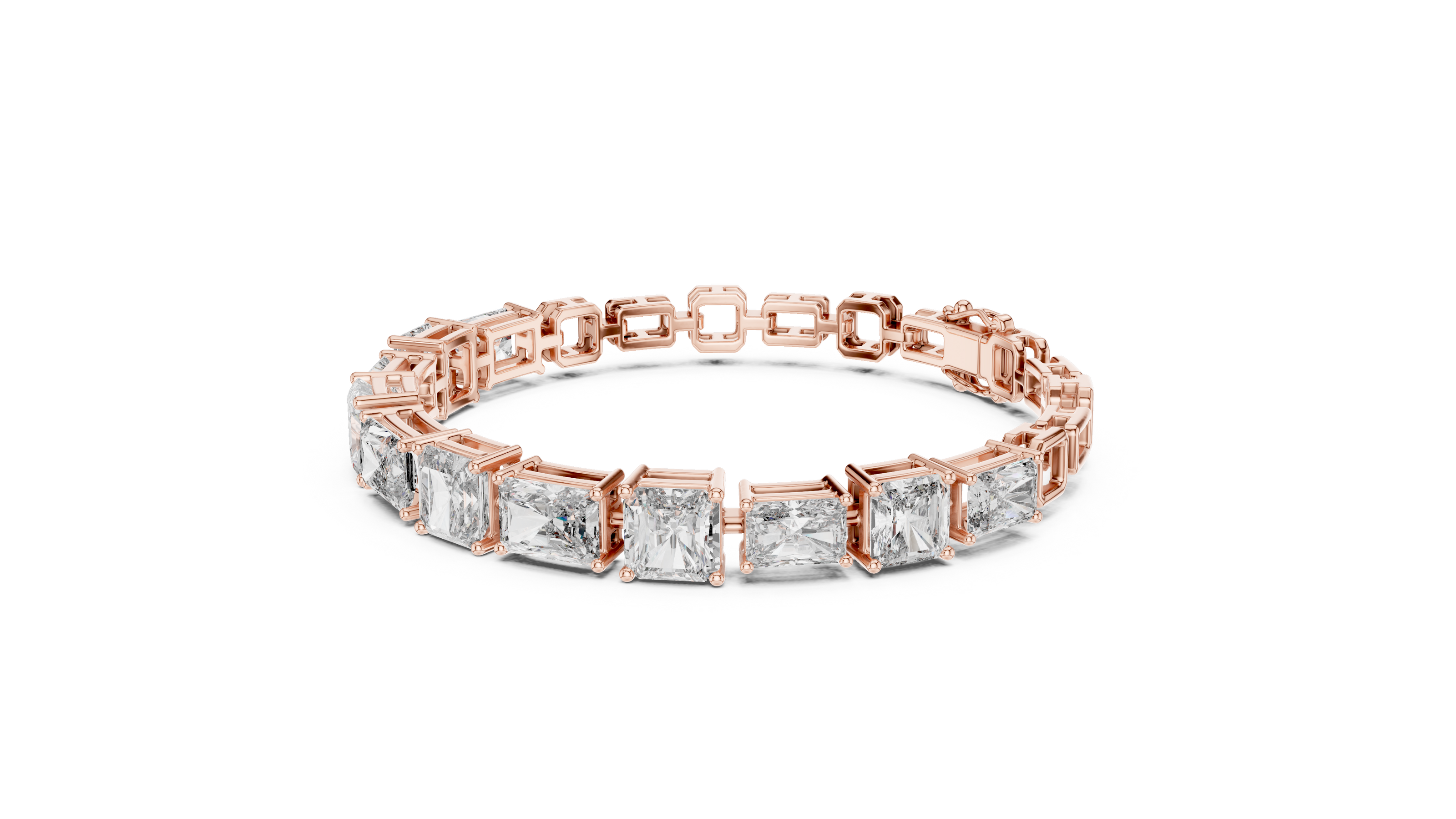 Rose gold bracelet with square-cut diamonds on a white background