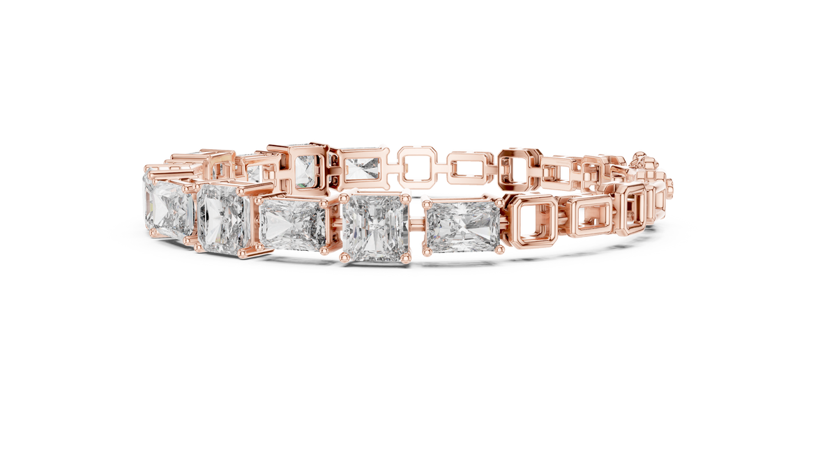 Rose gold and silver bracelet with square-cut gemstones on a white background