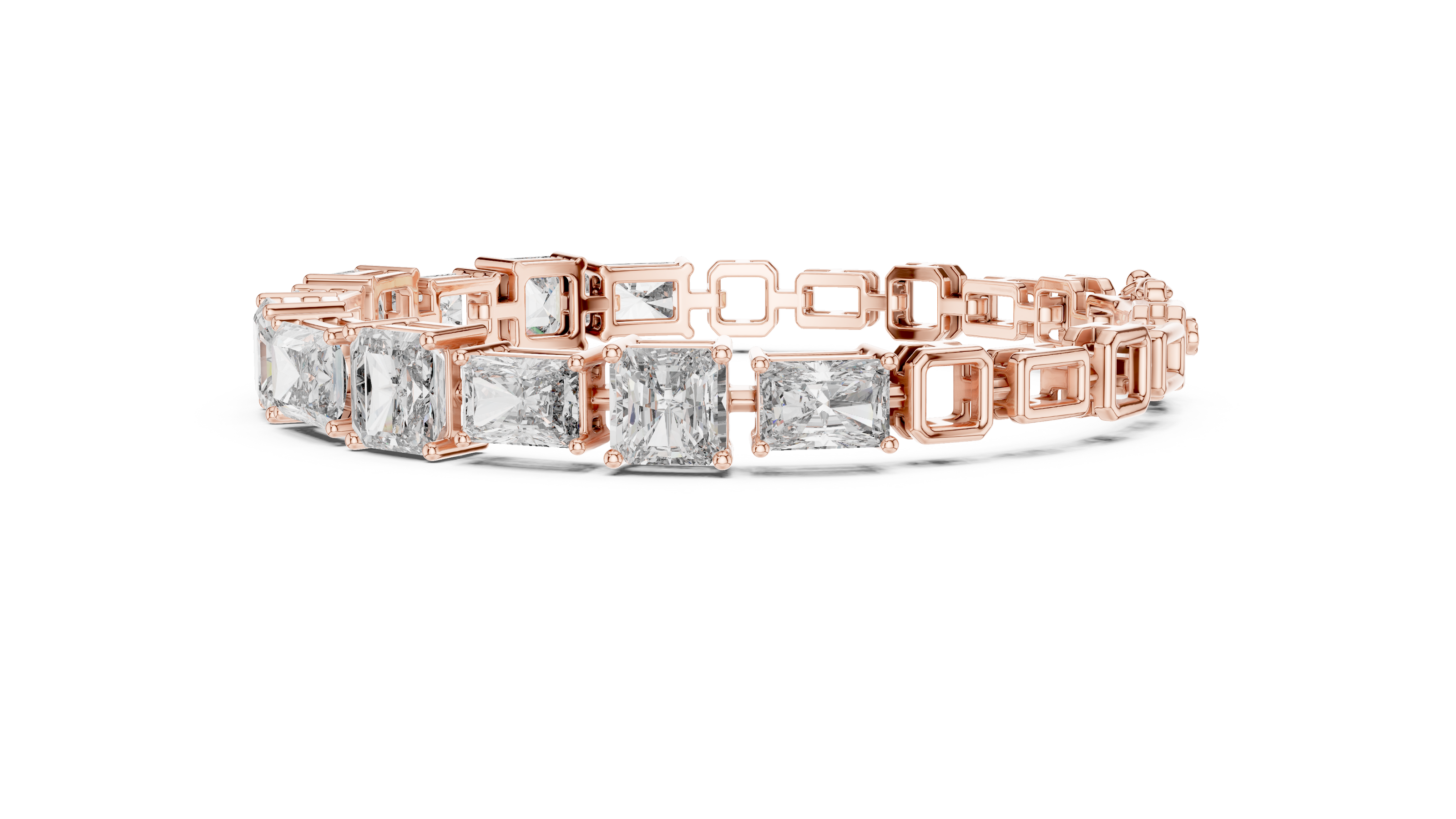 Rose gold and silver bracelet with square-cut gemstones on a white background