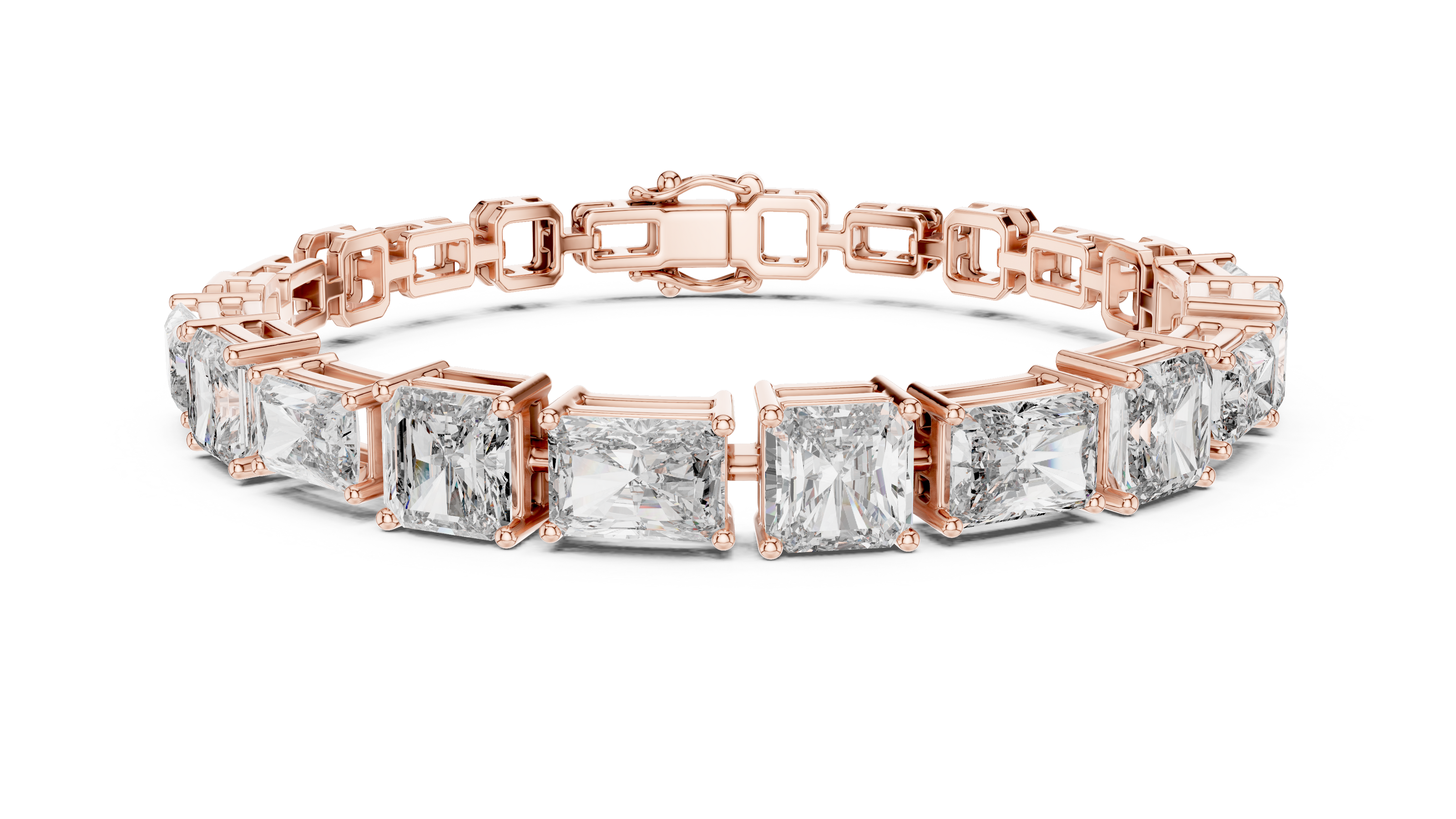 Rose gold bracelet with square-cut diamonds on a white background