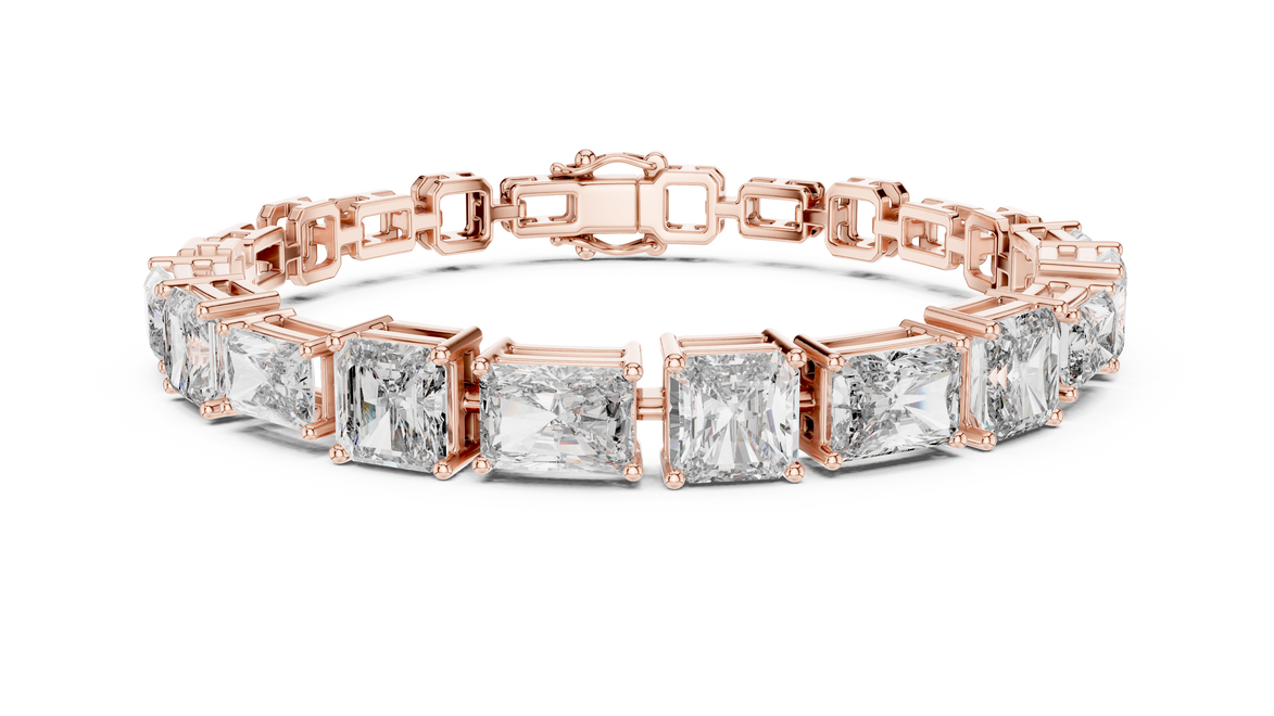 Rose gold bracelet with square-cut diamonds on a white background