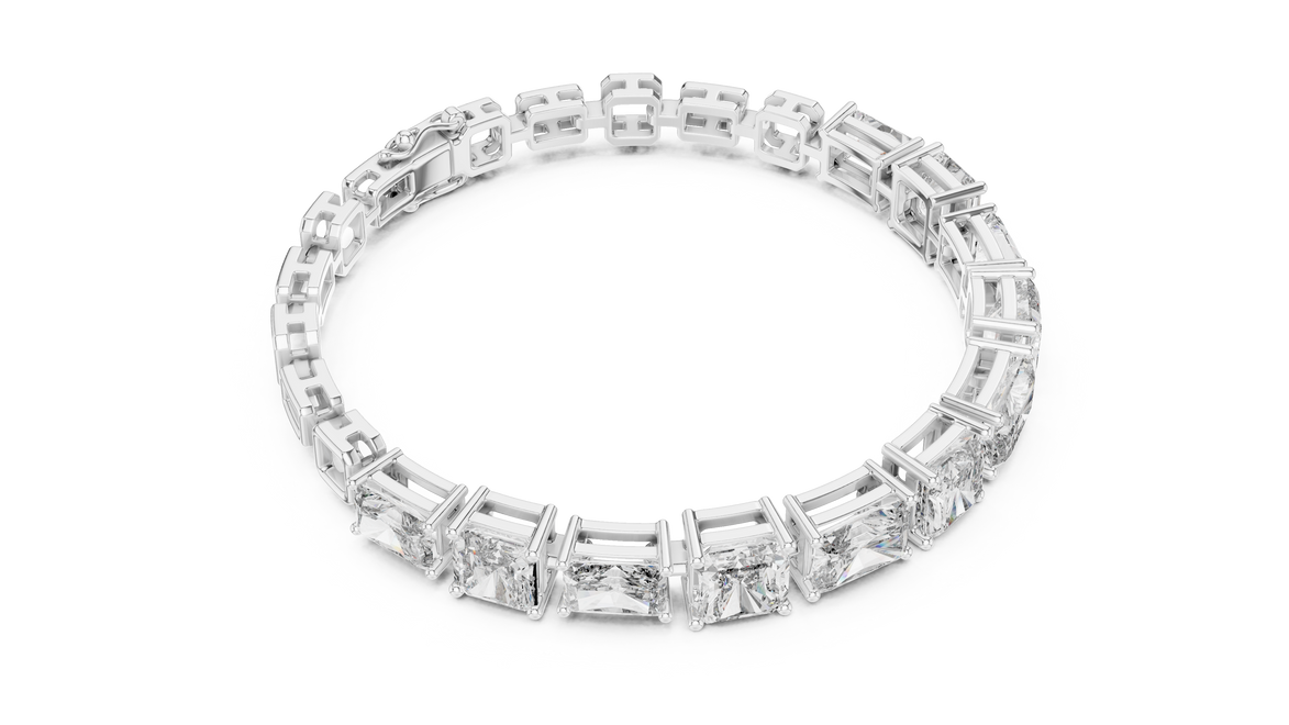 Diamond bracelet with baguette-cut stones on a white background