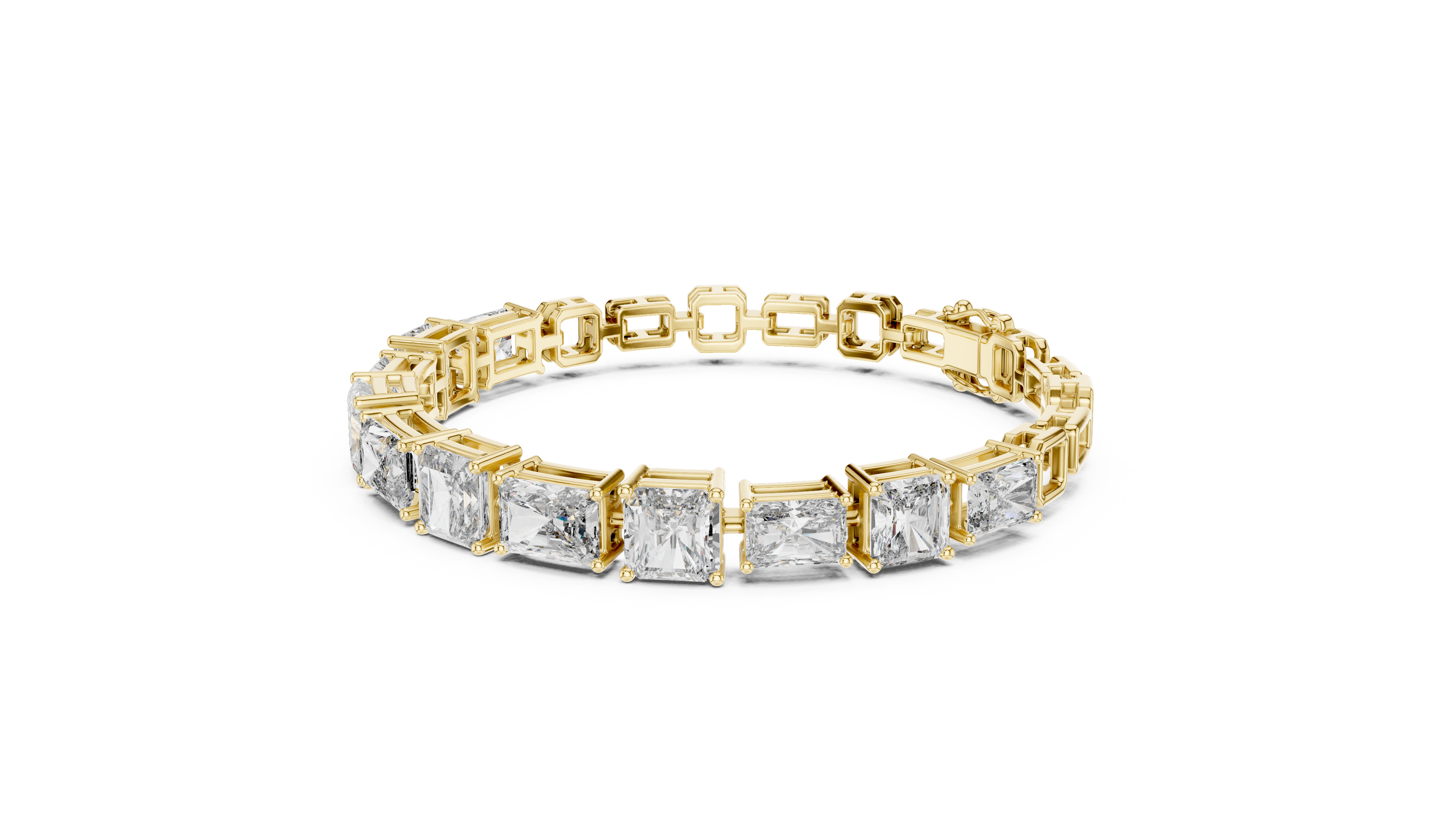 Gold bracelet with square-cut diamonds on a white background