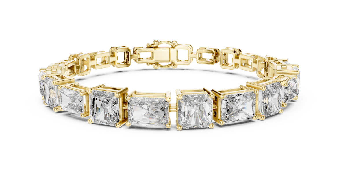 Gold bracelet with square-cut diamonds on a white background