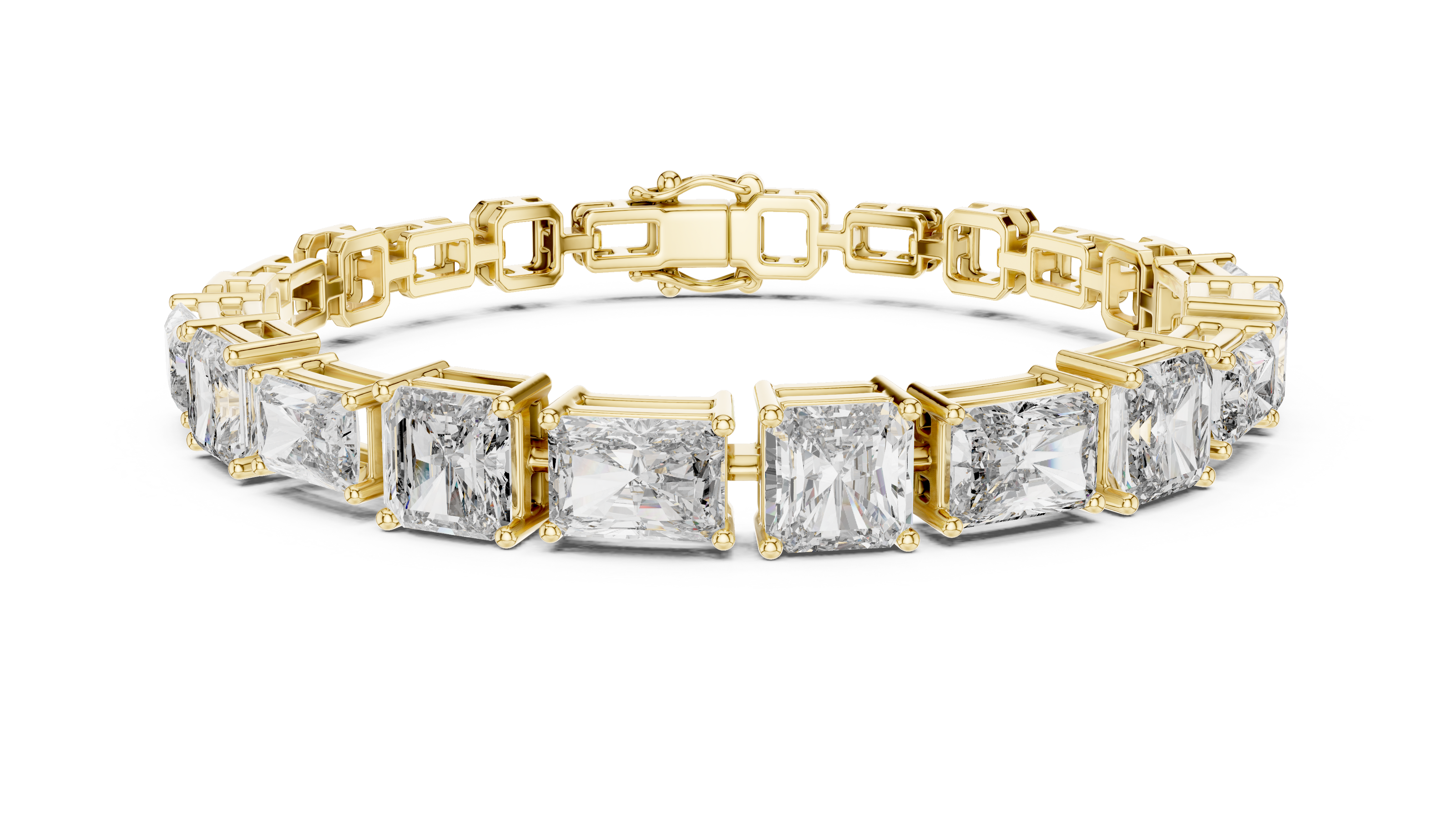 Gold bracelet with square-cut diamonds on a white background