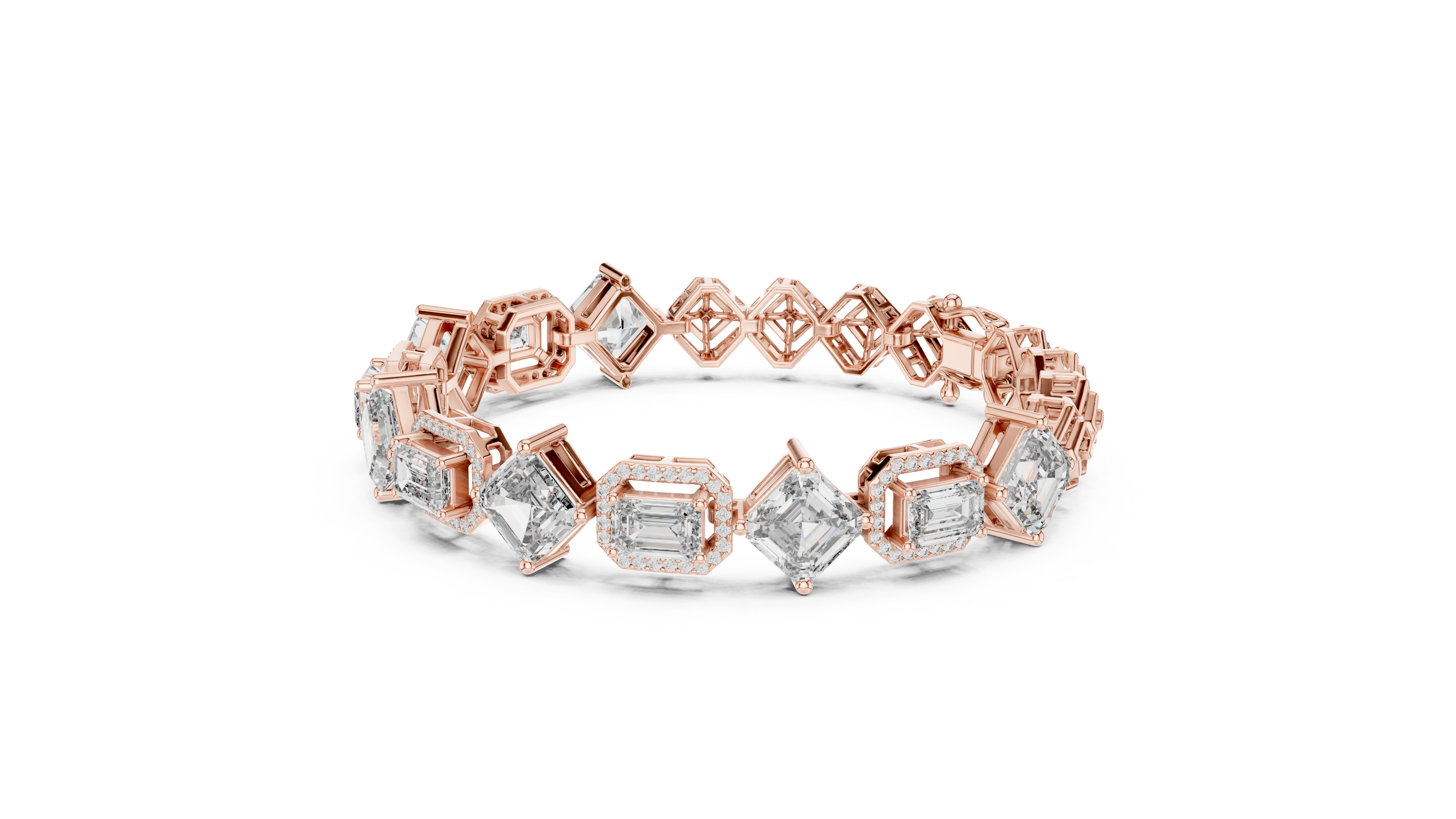 Rose gold and diamond ring on a white background