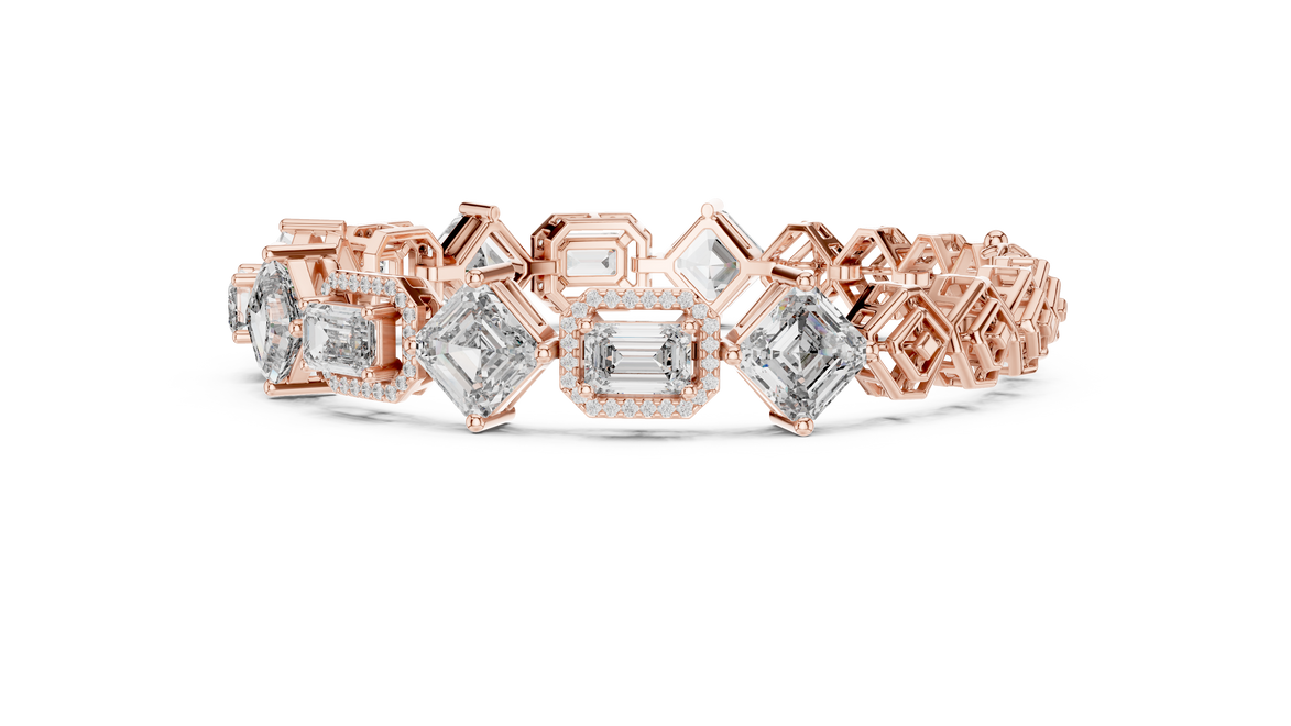 Rose gold ring with diamond accents on a white background