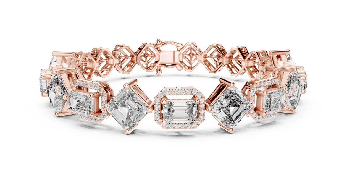 Rose gold bracelet with diamond accents on a white background