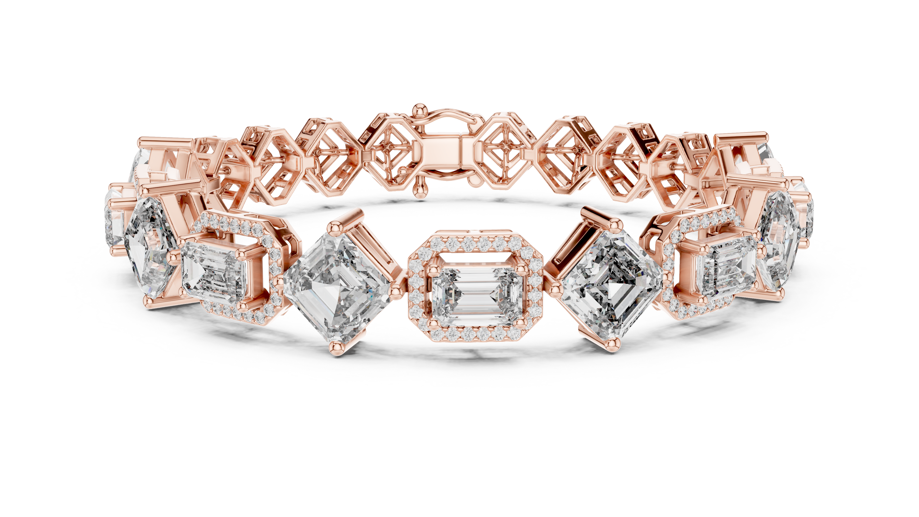 Rose gold bracelet with diamond accents on a white background