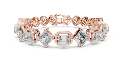 Rose gold bracelet with diamond accents on a white background