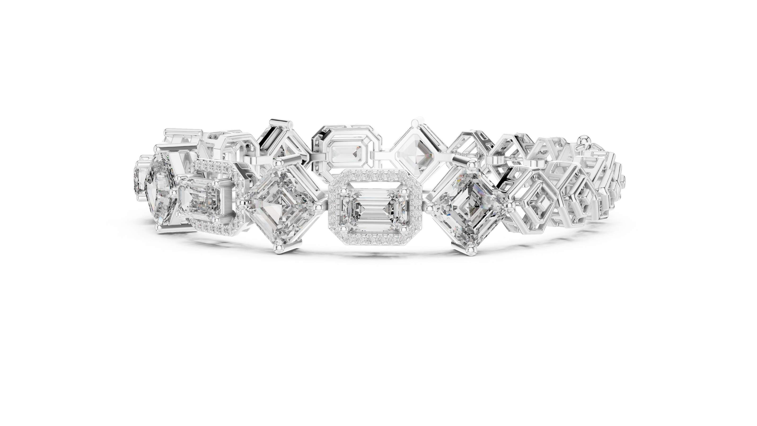 Diamond ring with various cut diamonds on a white background
